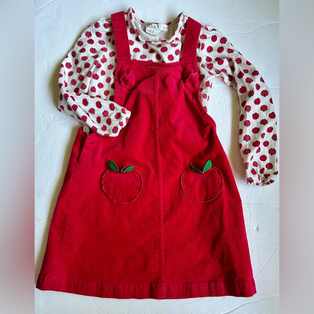 Red Corduroy Pinafore Dress with Apple Pockets 4T